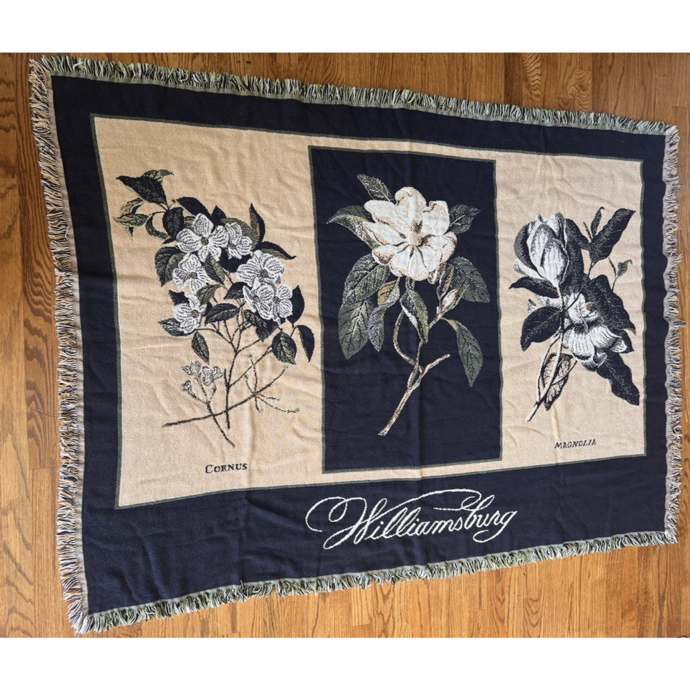 VTG Williamsburg Goodwin Weavers Cotton Throw Afghan Blanket Magnolia Dogwood US